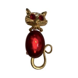 Vintage Cat Pin Brooch Rhinestone Red Pin
